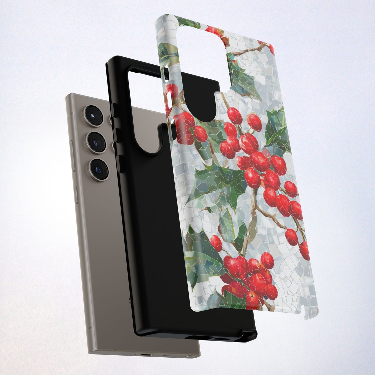 Holly Berry Phone Case, Christmas Mosaic Design, Winter Botanical Cover for iPhone Samsung Pixel