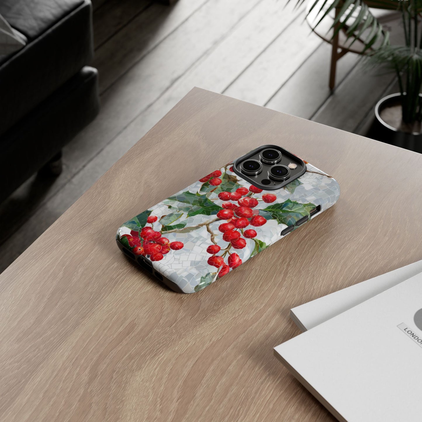 Holly Berry Phone Case, Christmas Mosaic Design, Winter Botanical Cover for iPhone Samsung Pixel