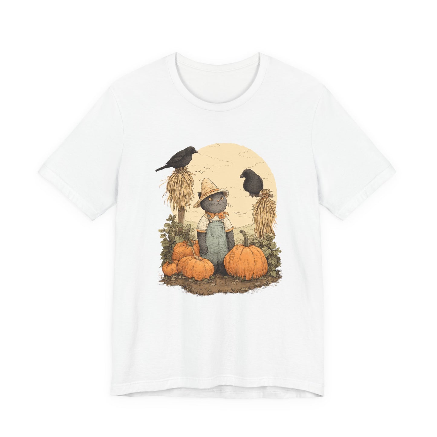 Harvest Cat T-Shirt Grey Cat with Scarecrows & Pumpkins, Fall Graphic Tee, Halloween Cute Creepy Shirt, Autumn Pet Lover Gift