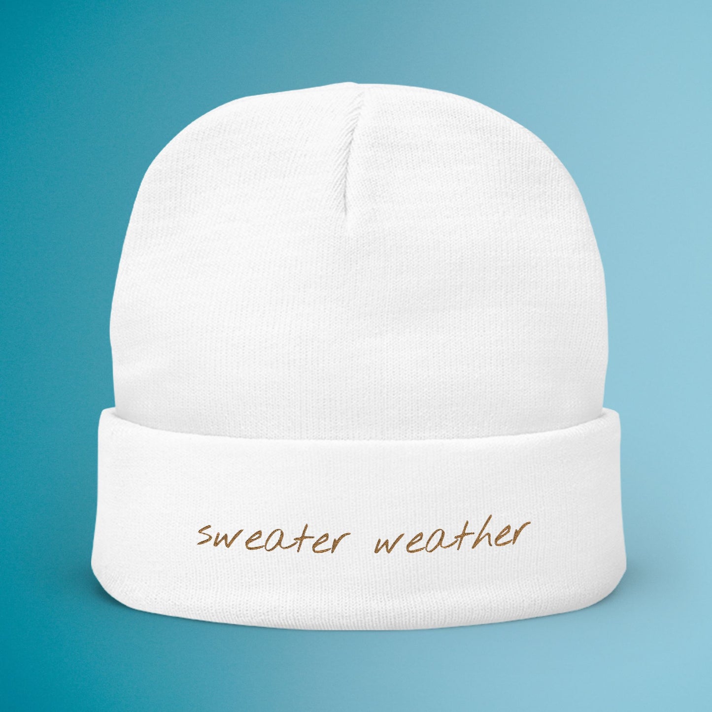 Sweater Weather Embroidered Beanie, Cozy Knit Fall Hat, Winter Accessory, Brown Embroidery Autumn Fashion Gift