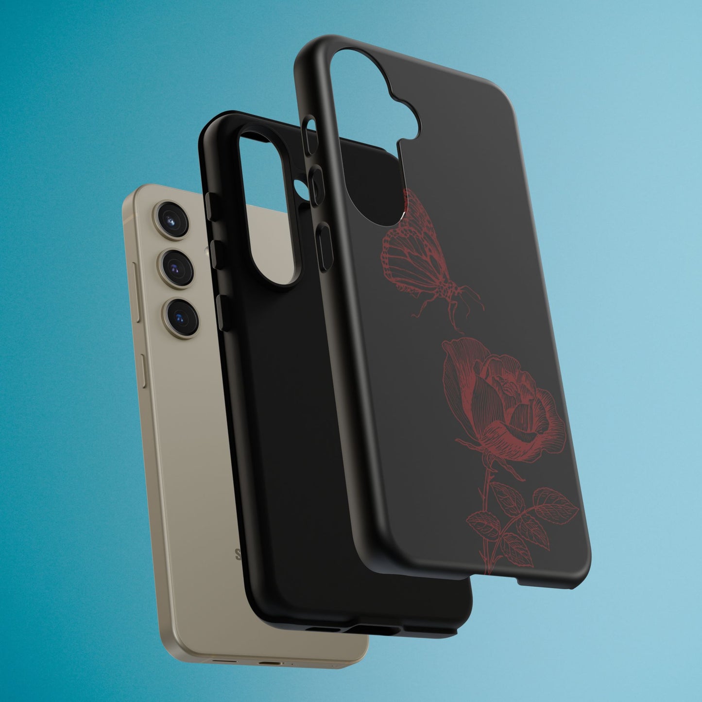 Black Rose and Butterfly Phone Case - Dark Academia Aesthetic Gothic iPhone, Galaxy and Pixel Cover