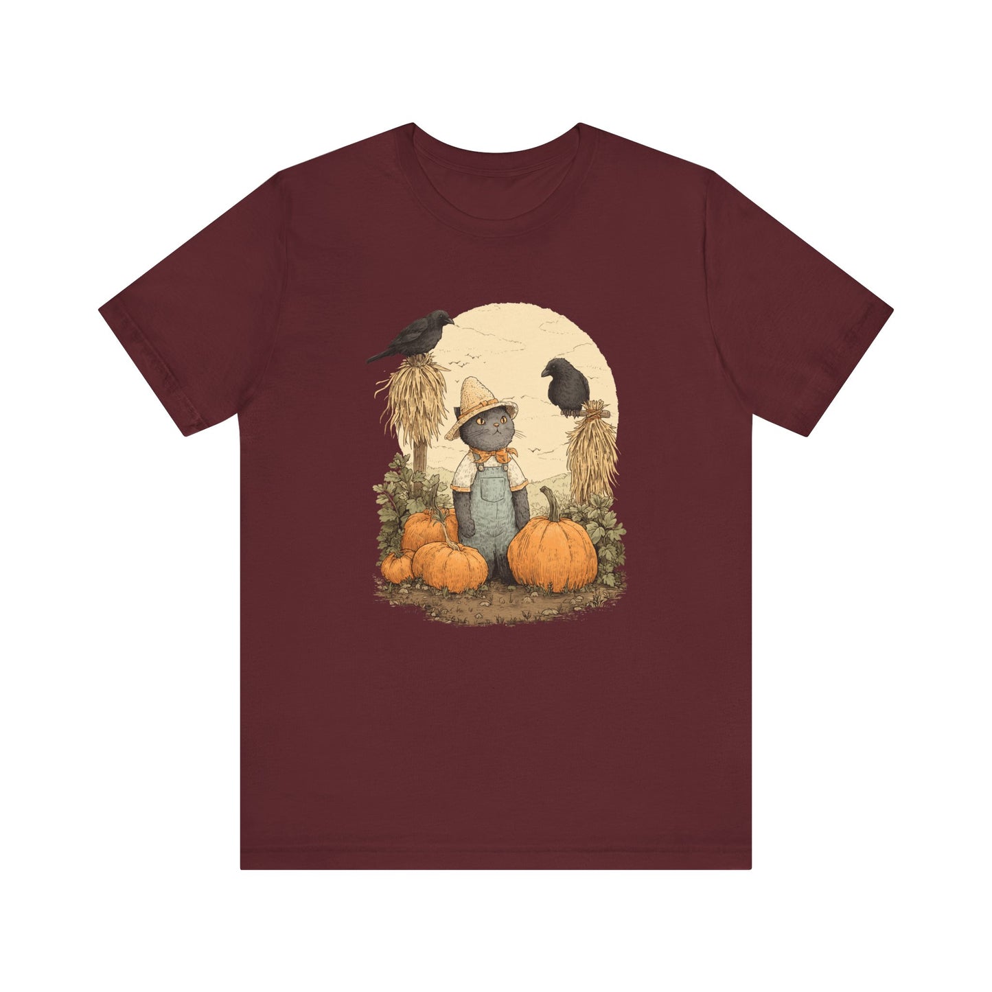 Harvest Cat T-Shirt Grey Cat with Scarecrows & Pumpkins, Fall Graphic Tee, Halloween Cute Creepy Shirt, Autumn Pet Lover Gift