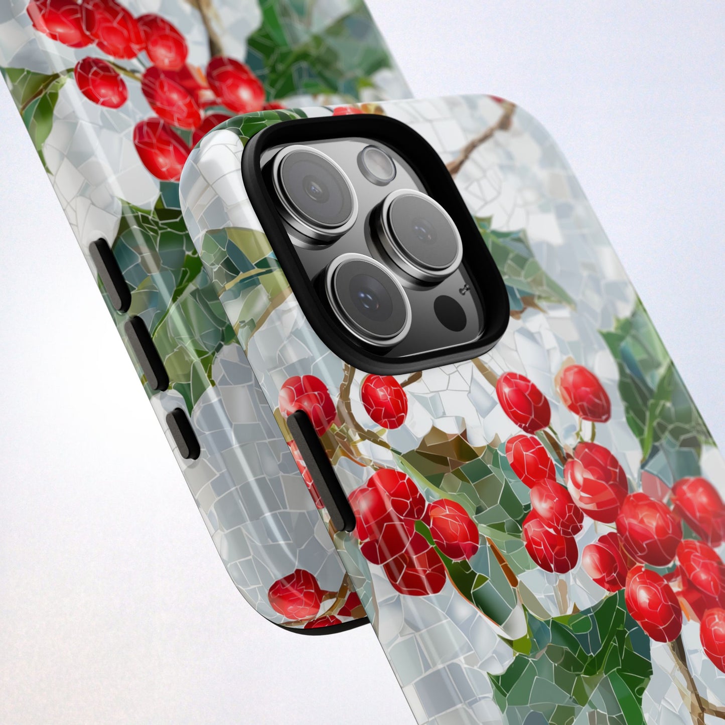 Holly Berry Phone Case, Christmas Mosaic Design, Winter Botanical Cover for iPhone Samsung Pixel