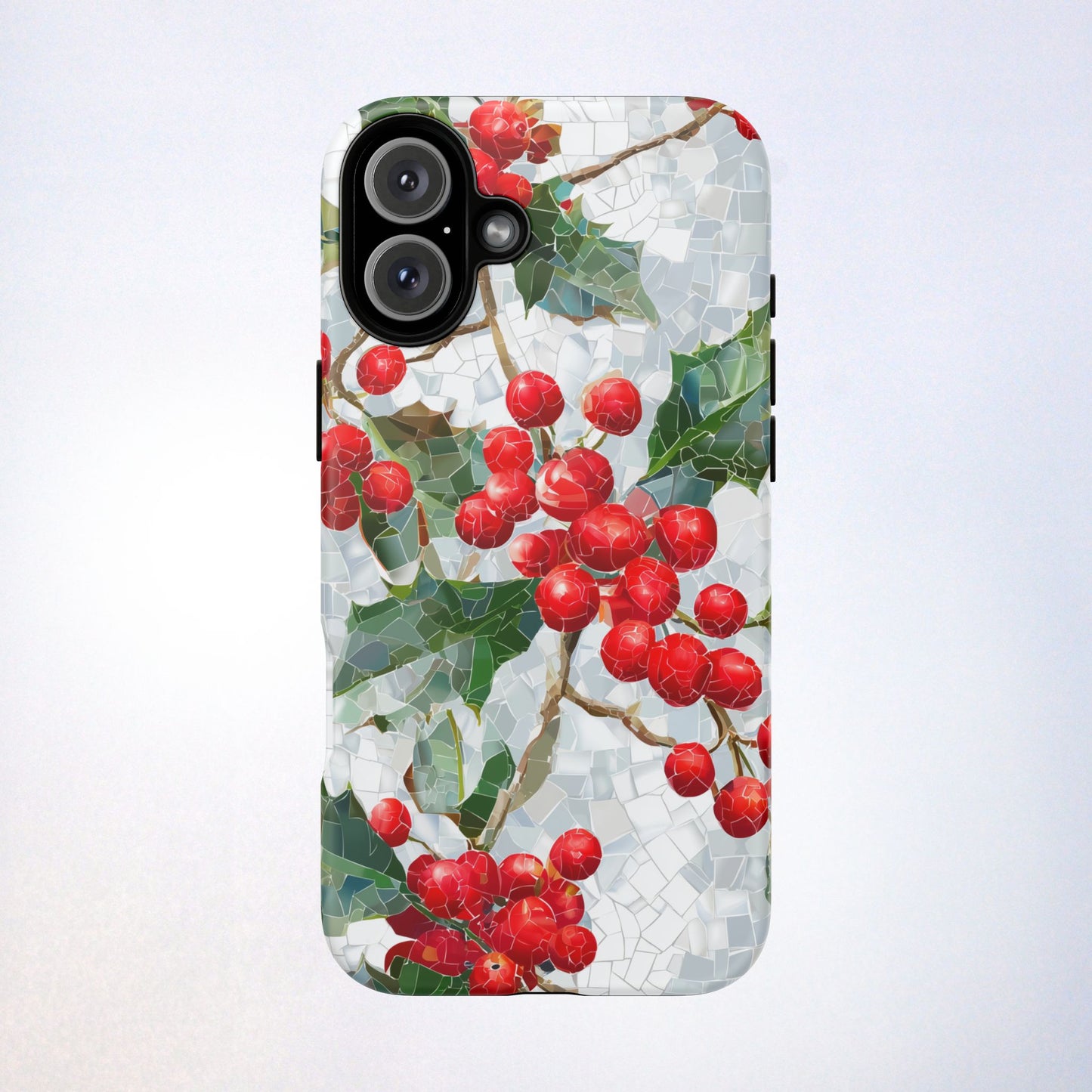 Holly Berry Phone Case, Christmas Mosaic Design, Winter Botanical Cover for iPhone Samsung Pixel