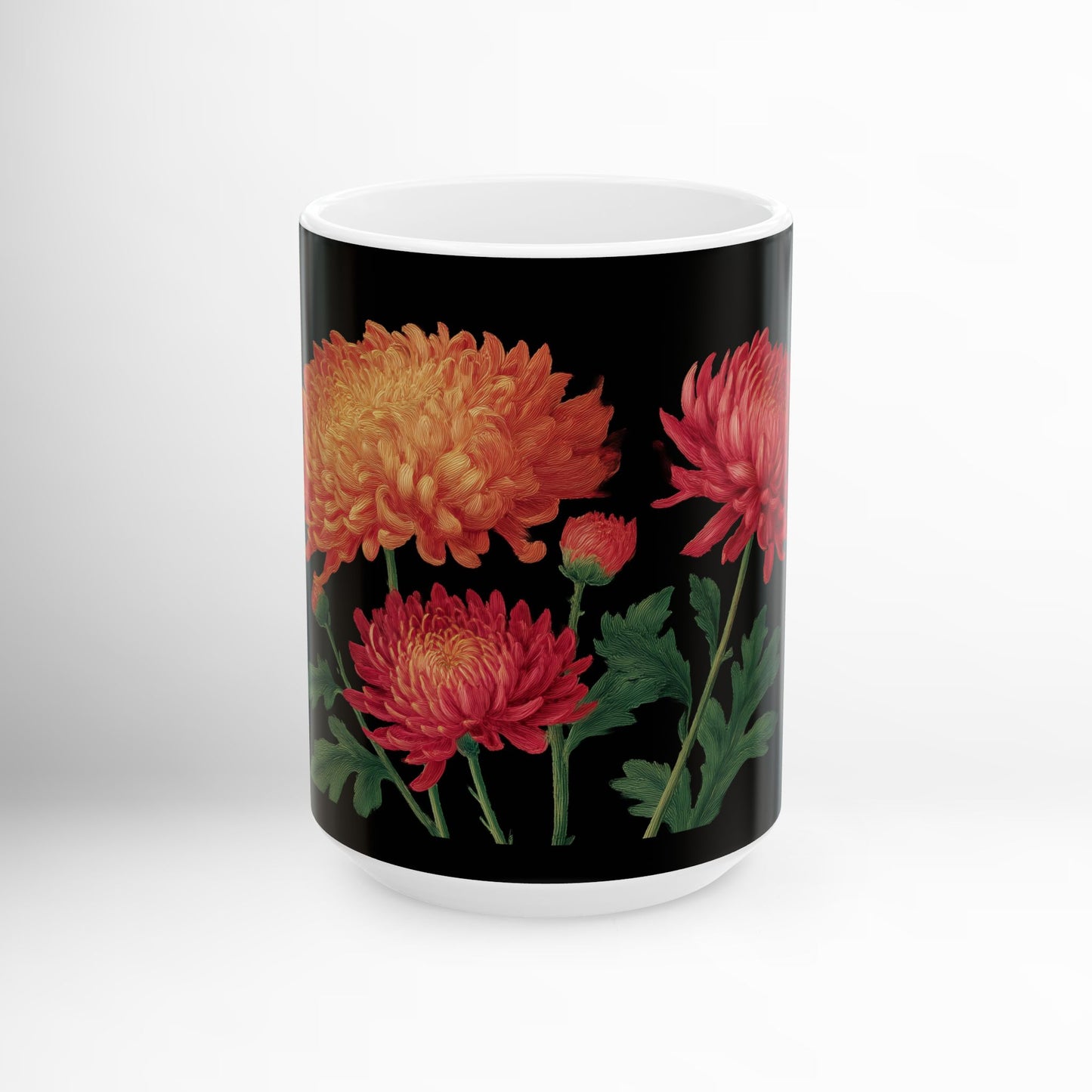 Mums Flower Mug, Chrysanthemum Ceramic Coffee Cup, Botanical Floral Drinkware, Garden Lover Gift 11oz & 15oz