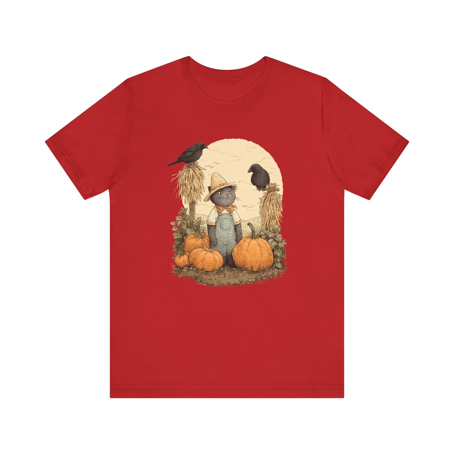 Harvest Cat T-Shirt Grey Cat with Scarecrows & Pumpkins, Fall Graphic Tee, Halloween Cute Creepy Shirt, Autumn Pet Lover Gift