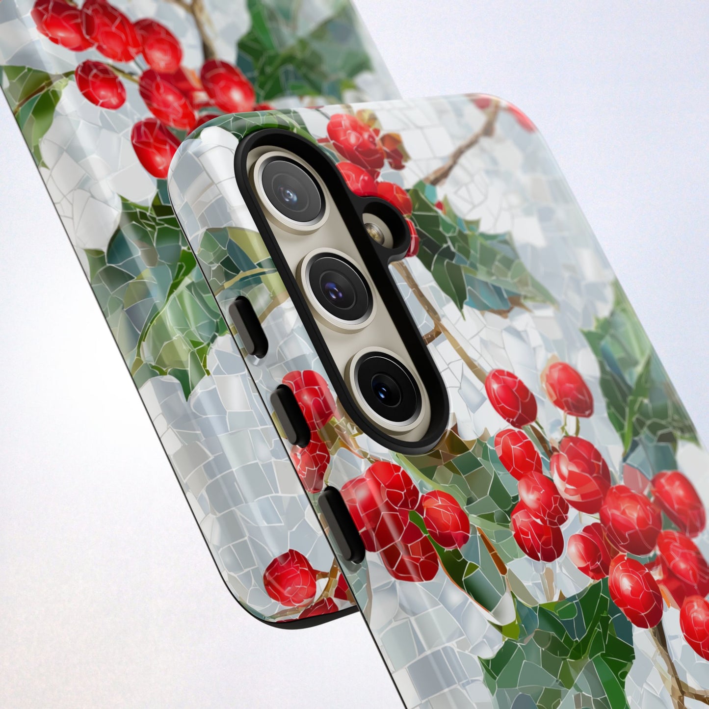 Holly Berry Phone Case, Christmas Mosaic Design, Winter Botanical Cover for iPhone Samsung Pixel