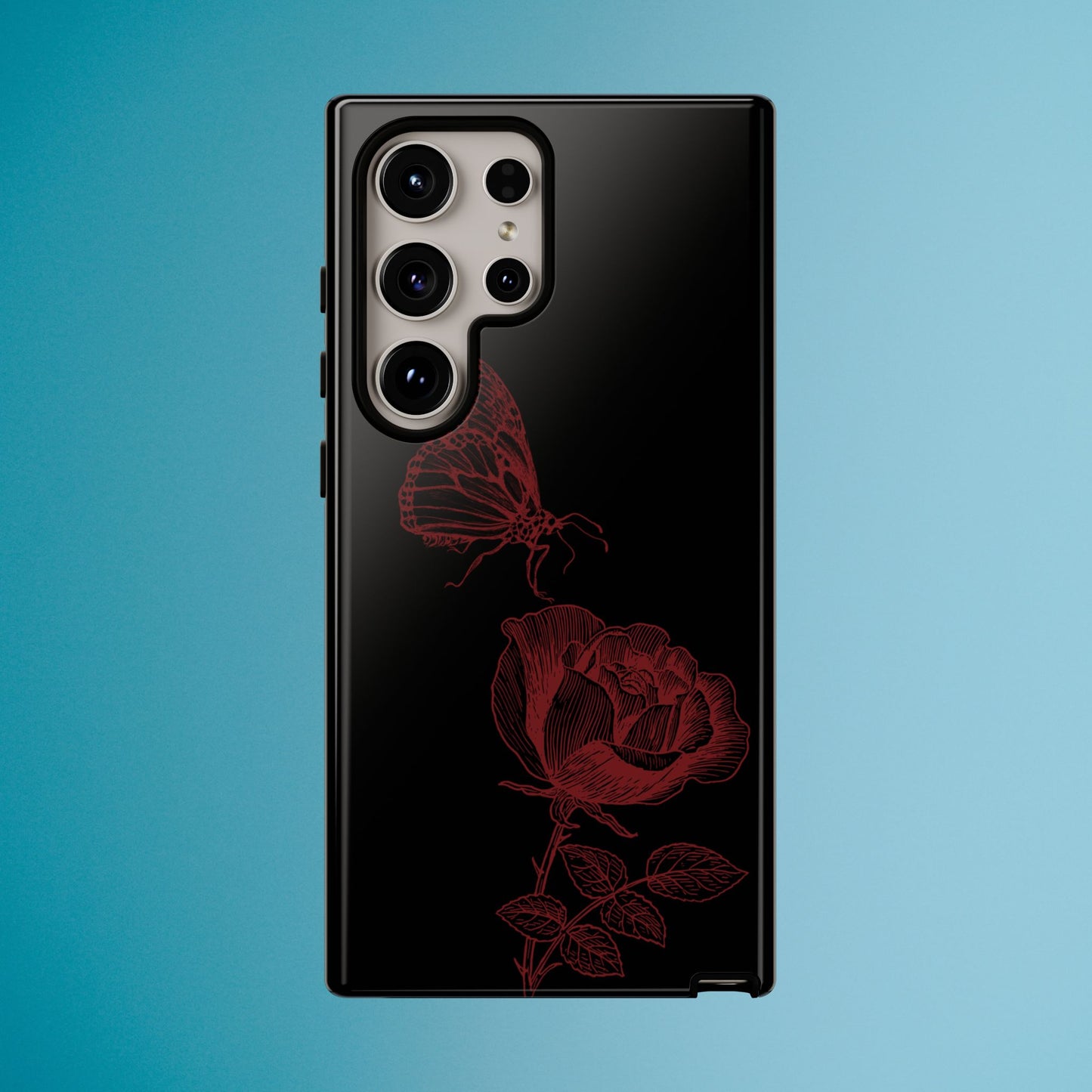 Black Rose and Butterfly Phone Case - Dark Academia Aesthetic Gothic iPhone, Galaxy and Pixel Cover