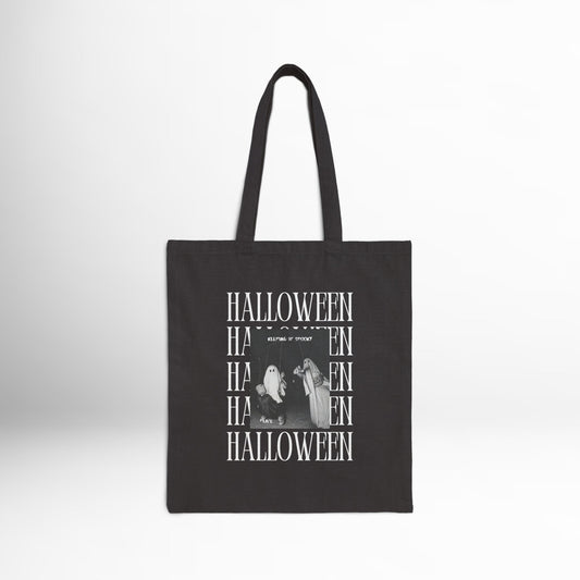 Halloween Ghost Tote Bag -  Black Cotton Reusable Trick-or-Treat Bag