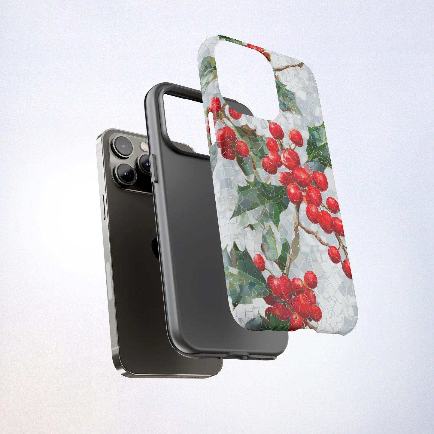 Holly Berry Phone Case, Christmas Mosaic Design, Winter Botanical Cover for iPhone Samsung Pixel