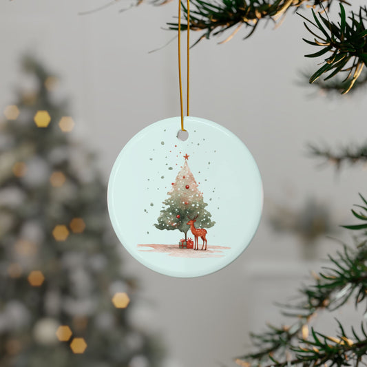 Round Christmas ornament with a deer and tree design, hanging from a branch.