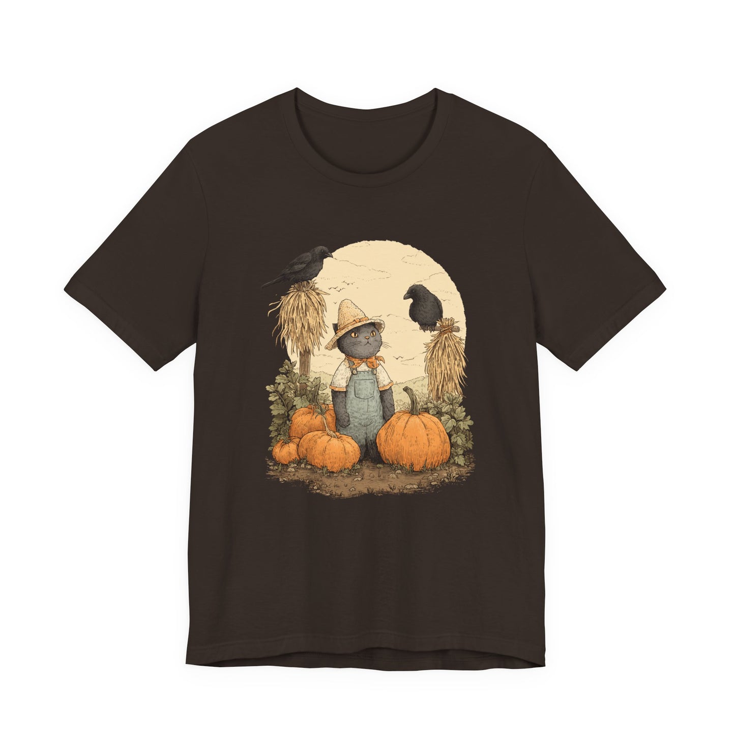 Harvest Cat T-Shirt Grey Cat with Scarecrows & Pumpkins, Fall Graphic Tee, Halloween Cute Creepy Shirt, Autumn Pet Lover Gift