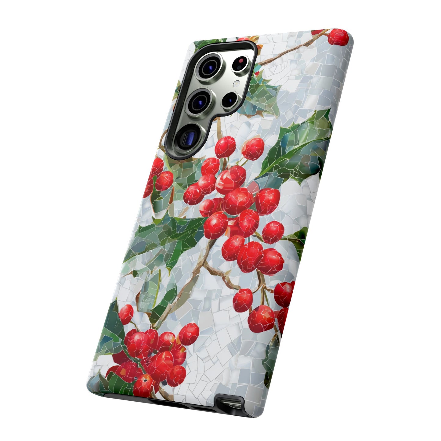 Holly Berry Phone Case, Christmas Mosaic Design, Winter Botanical Cover for iPhone Samsung Pixel