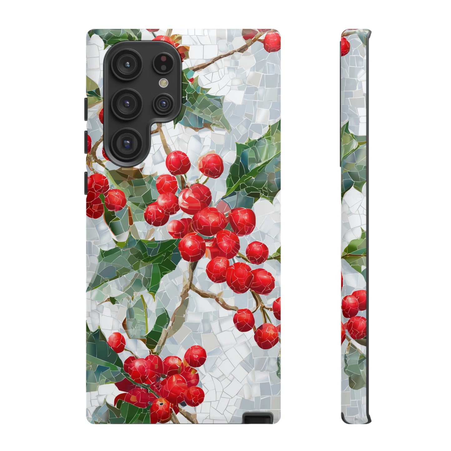 Holly Berry Phone Case, Christmas Mosaic Design, Winter Botanical Cover for iPhone Samsung Pixel