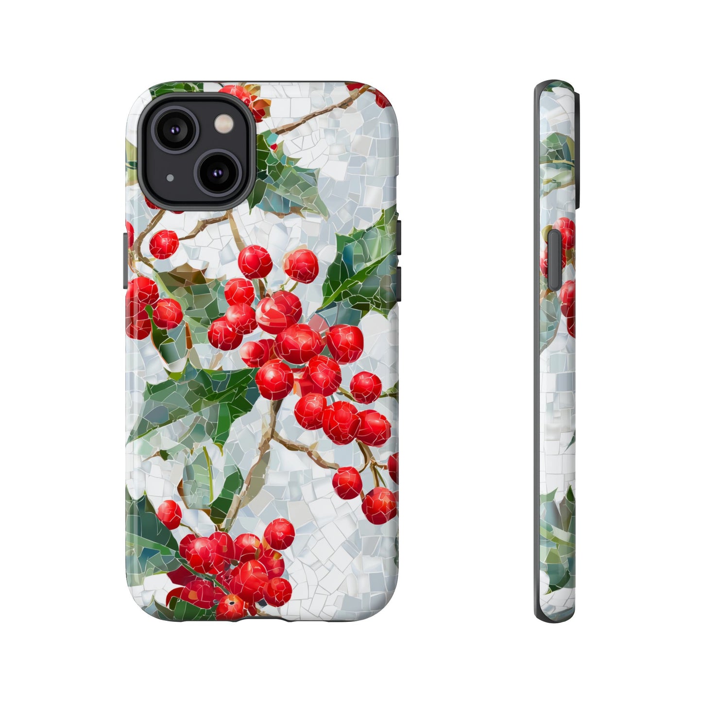 Holly Berry Phone Case, Christmas Mosaic Design, Winter Botanical Cover for iPhone Samsung Pixel