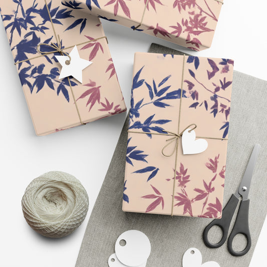Gift boxes wrapped in floral-patterned paper with decorative tags and scissors on a white surface.