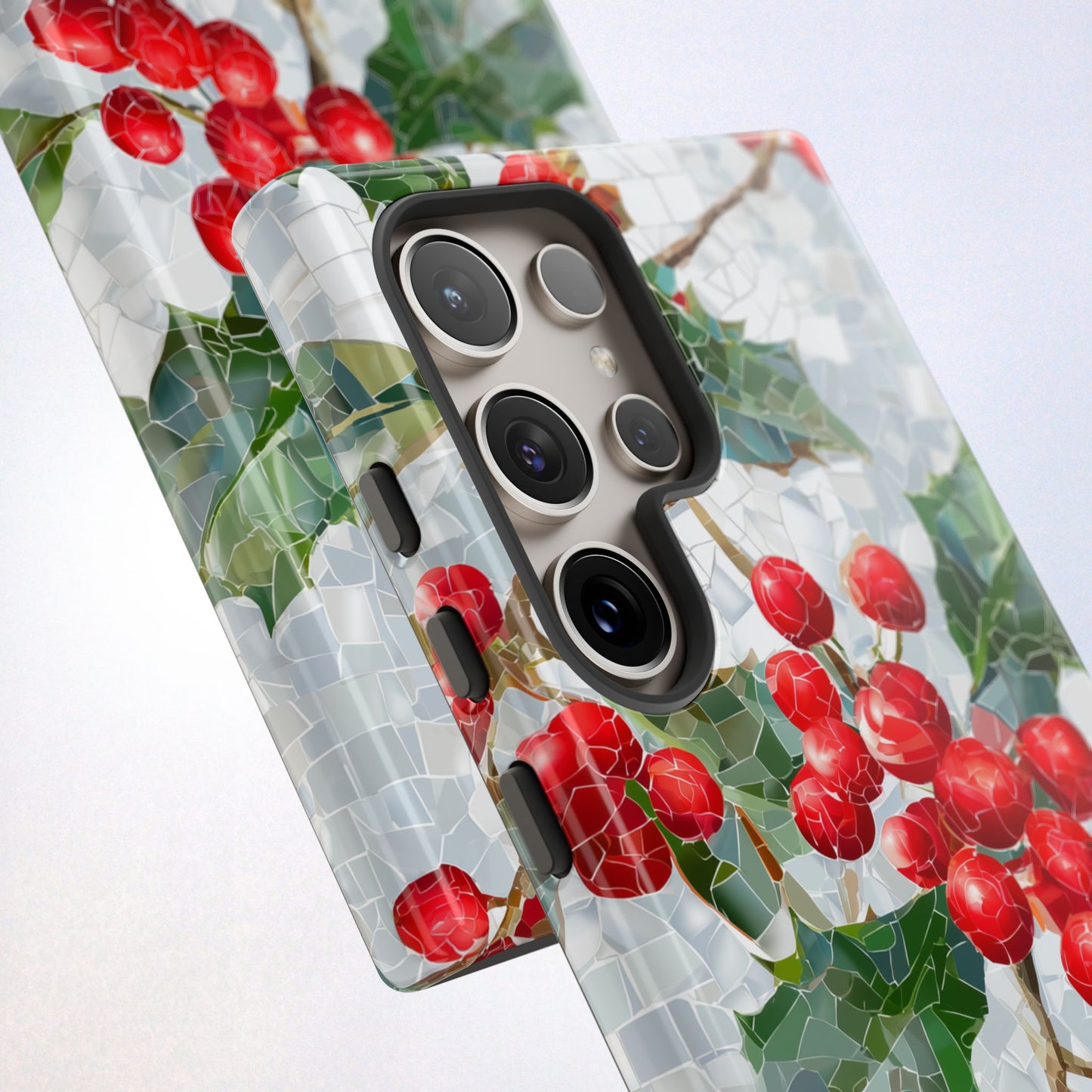 Holly Berry Phone Case, Christmas Mosaic Design, Winter Botanical Cover for iPhone Samsung Pixel