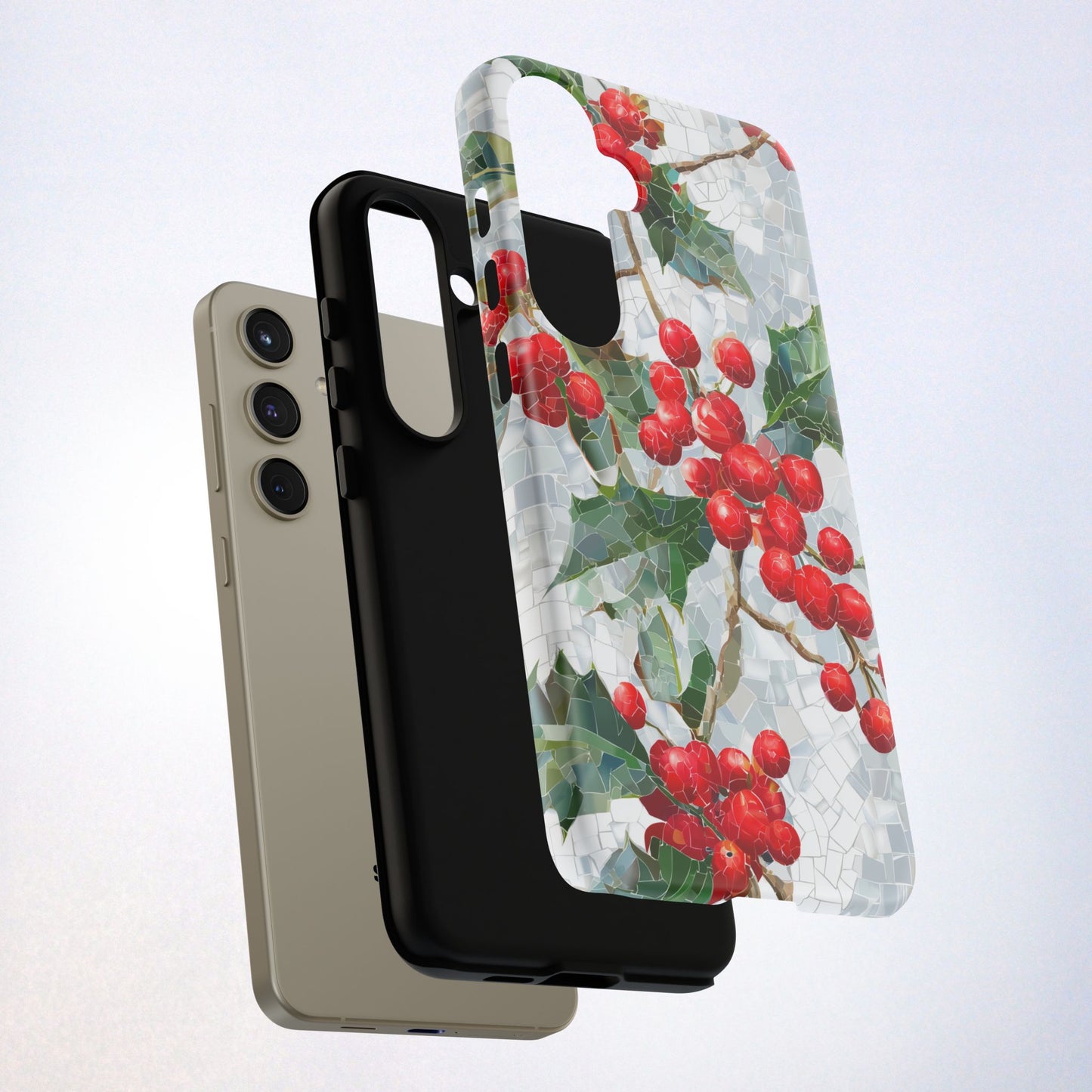 Holly Berry Phone Case, Christmas Mosaic Design, Winter Botanical Cover for iPhone Samsung Pixel
