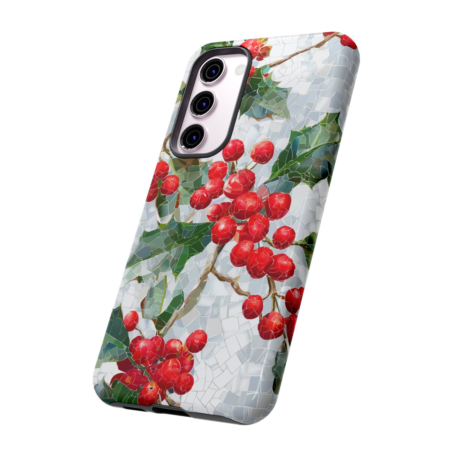 Holly Berry Phone Case, Christmas Mosaic Design, Winter Botanical Cover for iPhone Samsung Pixel