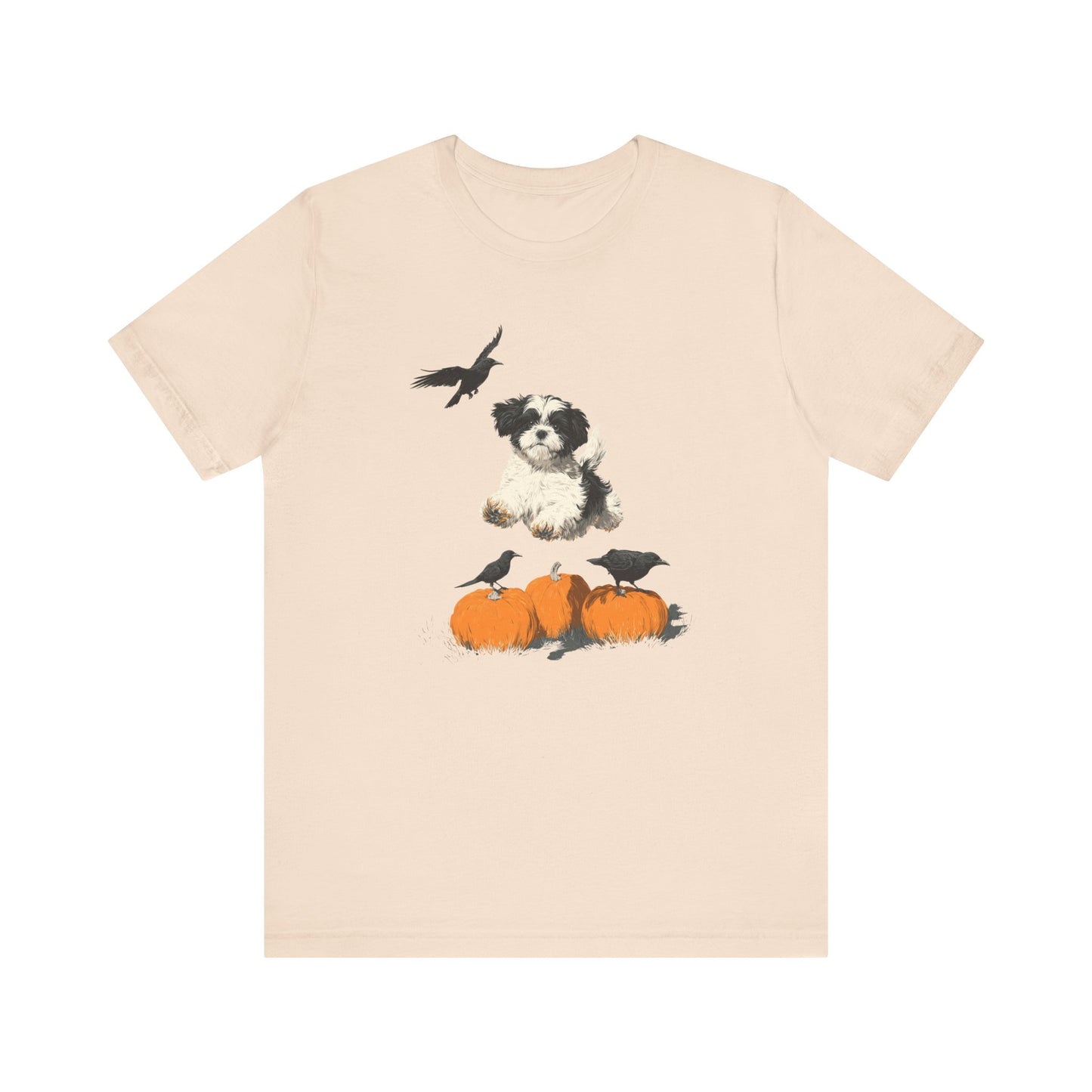Shih Tzu Fall Shirt Black & White Dog Tee with Pumpkins and Crows, Autumn Pet Lover Gift, Halloween Cozy Graphic T-Shirt