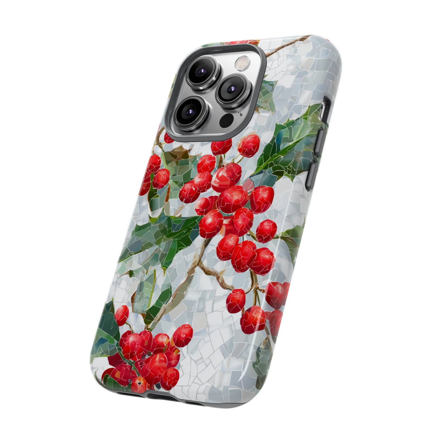 Holly Berry Phone Case, Christmas Mosaic Design, Winter Botanical Cover for iPhone Samsung Pixel