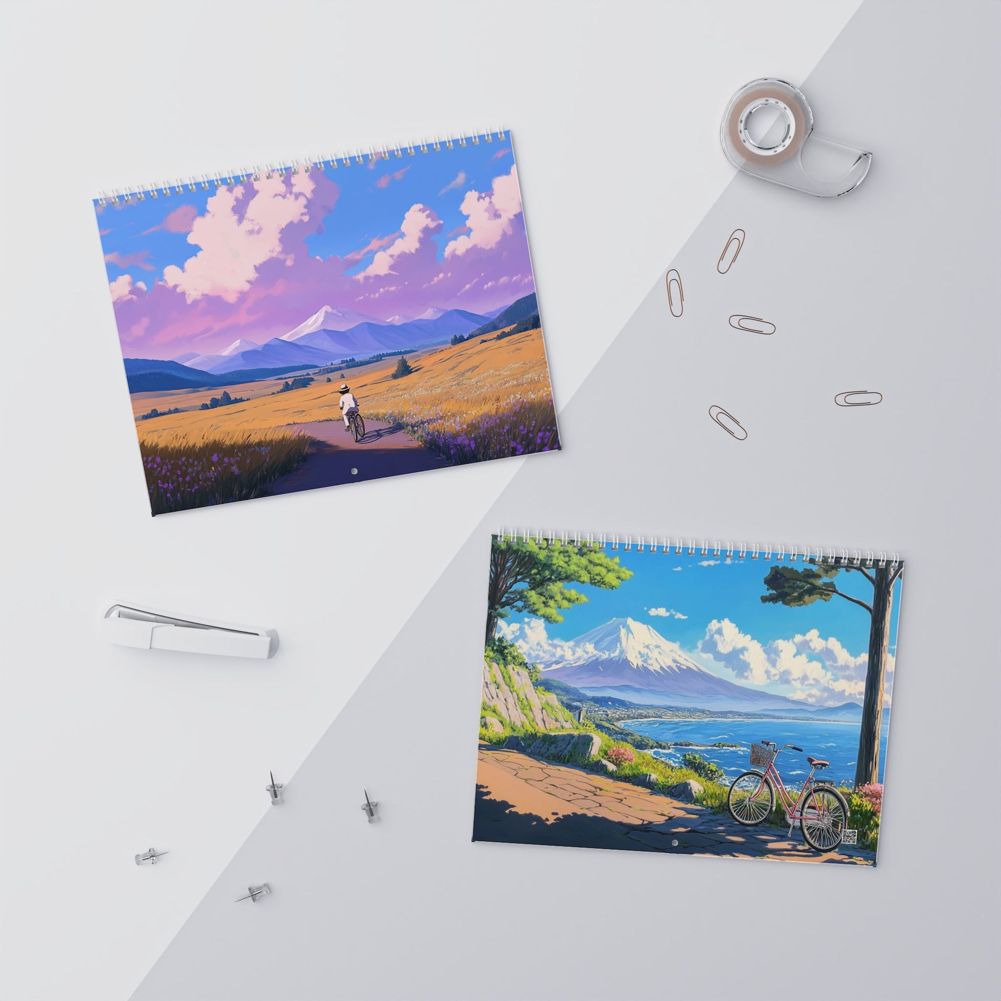 2026 wall calendar with Studio Ghibli inspired landscape scenes, hanging and flat display mockups.