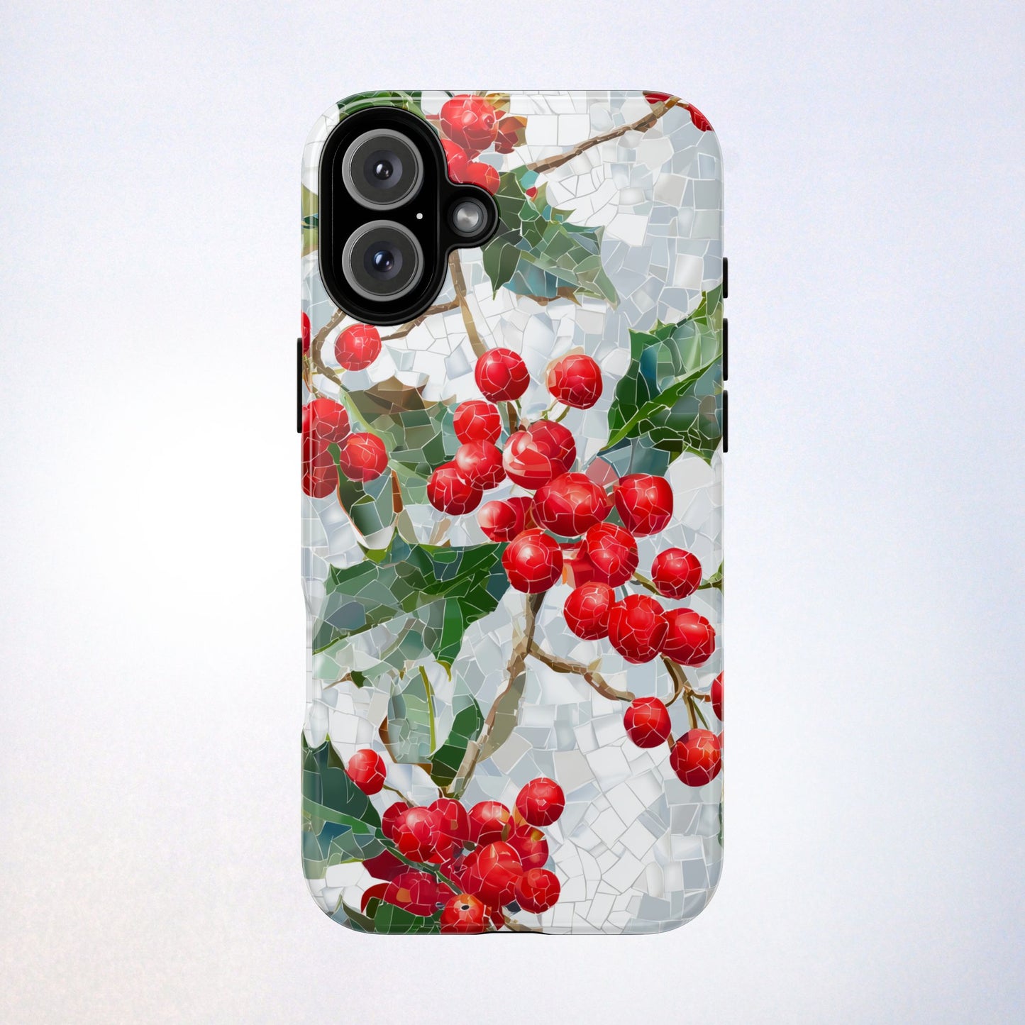 Holly Berry Phone Case, Christmas Mosaic Design, Winter Botanical Cover for iPhone Samsung Pixel