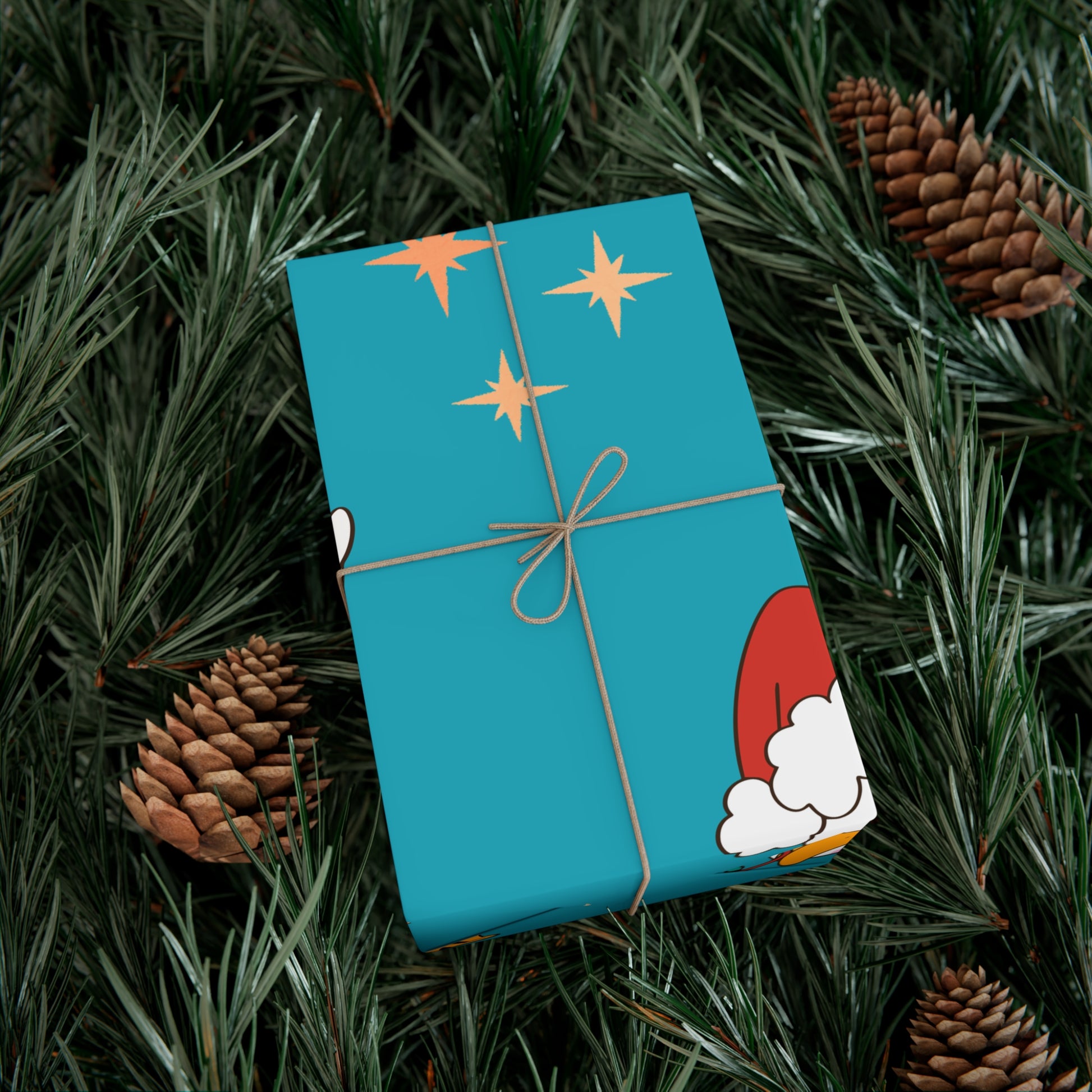 lue Christmas wrapping paper with geese wearing Santa hats.