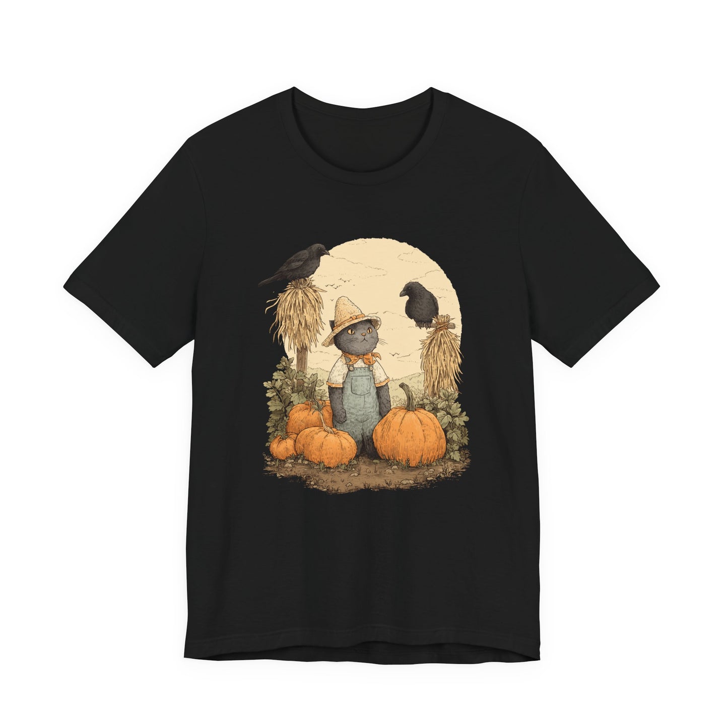 Harvest Cat T-Shirt Grey Cat with Scarecrows & Pumpkins, Fall Graphic Tee, Halloween Cute Creepy Shirt, Autumn Pet Lover Gift
