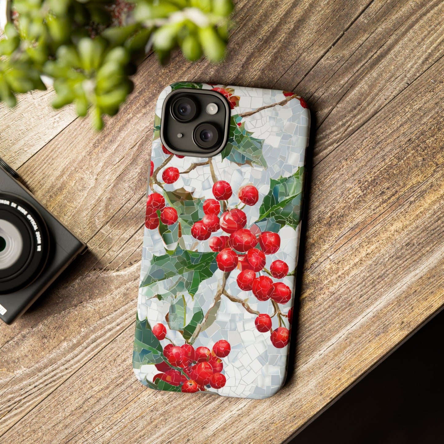 Holly Berry Phone Case, Christmas Mosaic Design, Winter Botanical Cover for iPhone Samsung Pixel