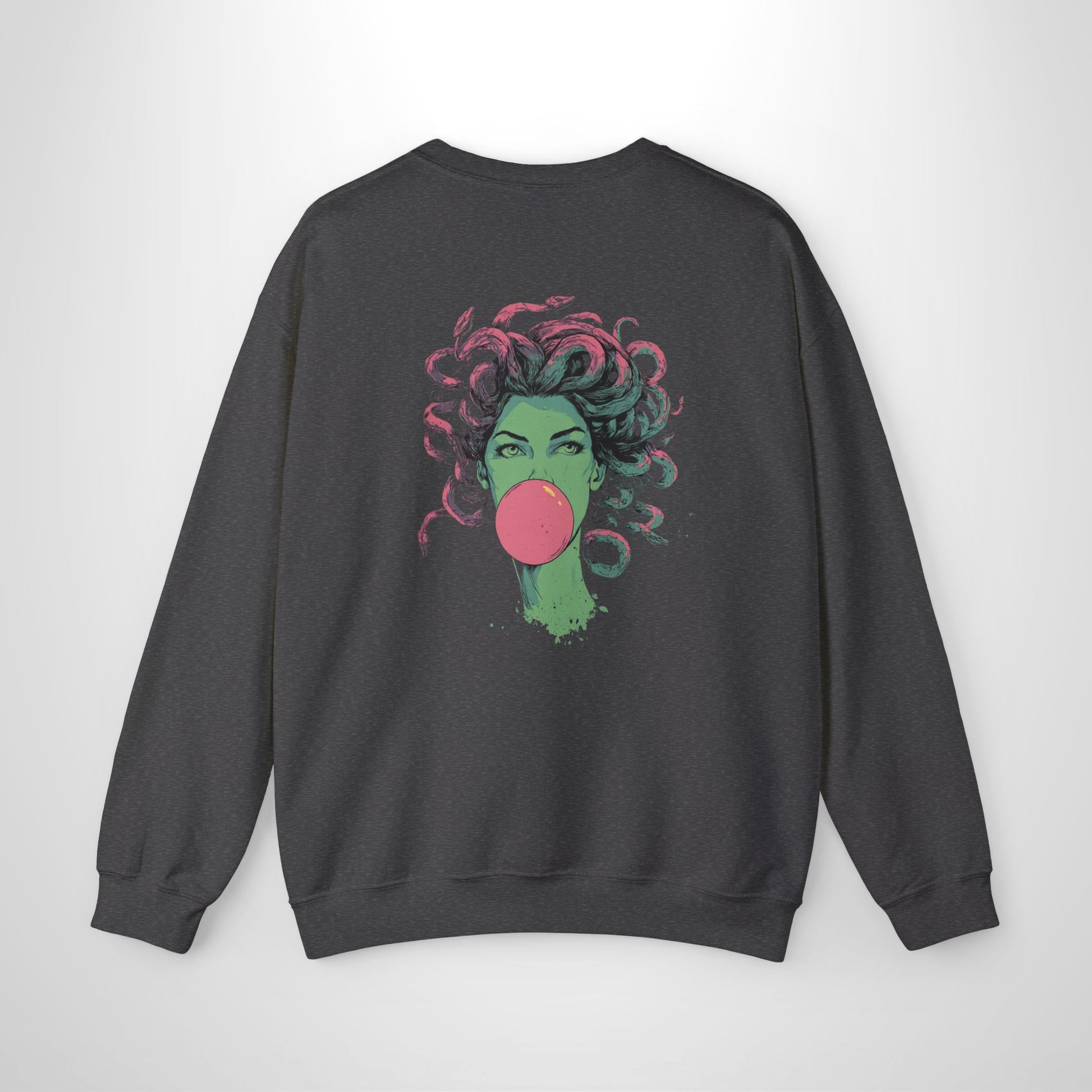 Black sweatshirt with a colorful graphic of a face blowing a bubble on a white background