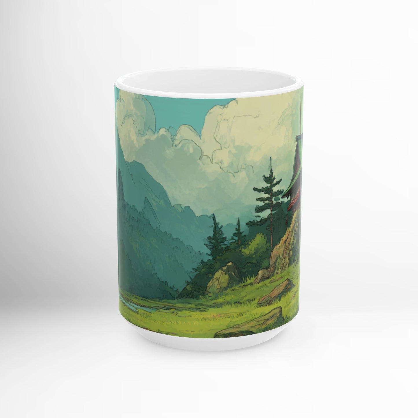 Ghibli-Inspired Mountain Cabin Mug Scenic Nature Ceramic Coffee Cup, Cozy Rustic Forest Drinkware, Whimsical Landscape Gift 11oz & 15oz