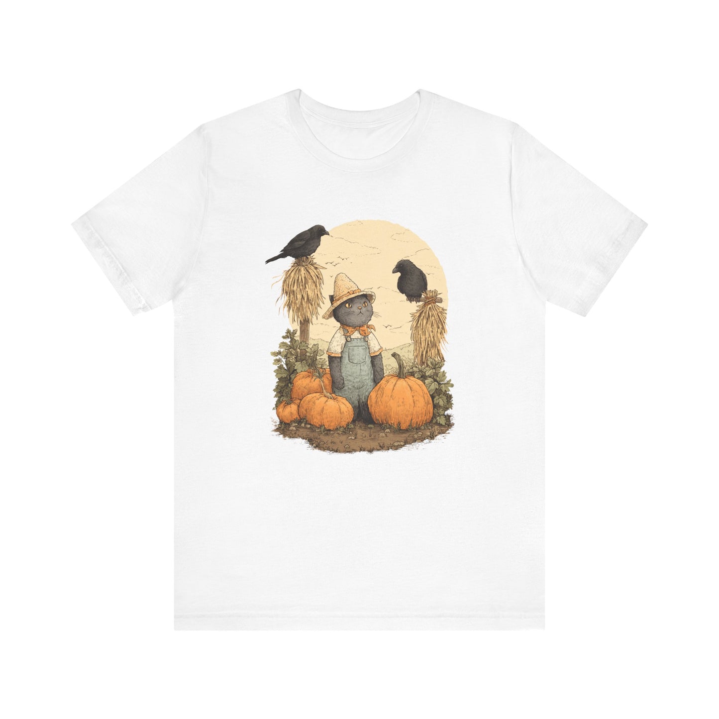 Harvest Cat T-Shirt Grey Cat with Scarecrows & Pumpkins, Fall Graphic Tee, Halloween Cute Creepy Shirt, Autumn Pet Lover Gift
