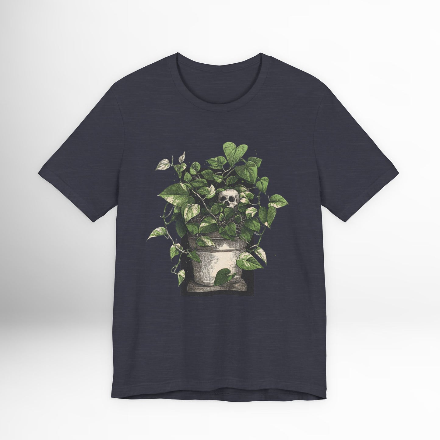 Navy blue t-shirt with a potted plant design on a white background