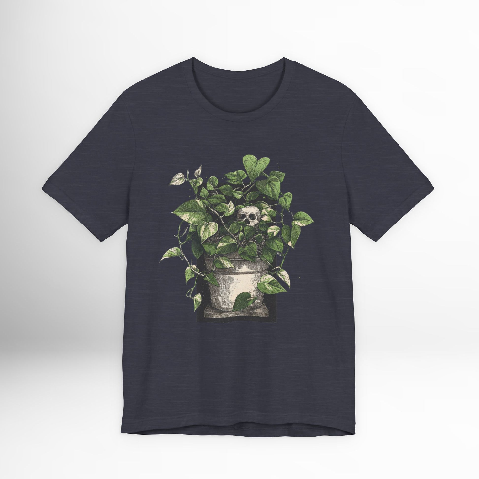 Navy blue t-shirt with a potted plant design on a white background