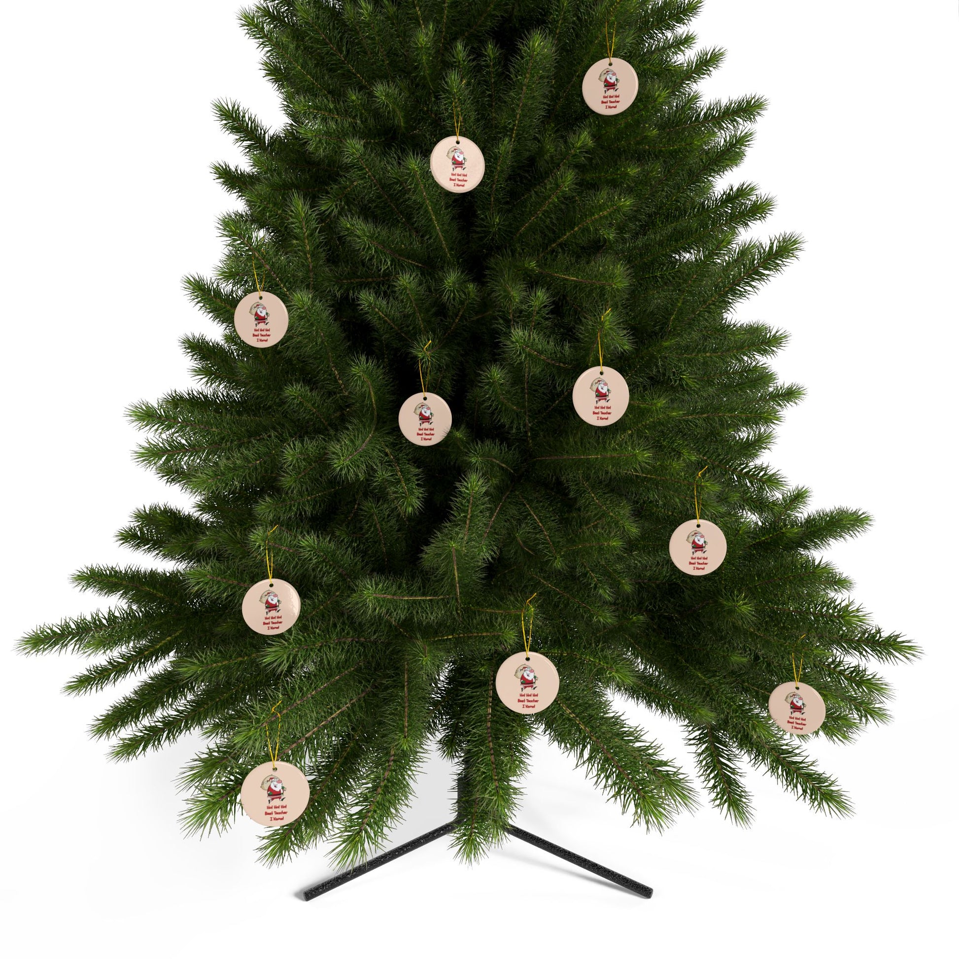 Green Christmas tree with decorative round ornaments on a white background