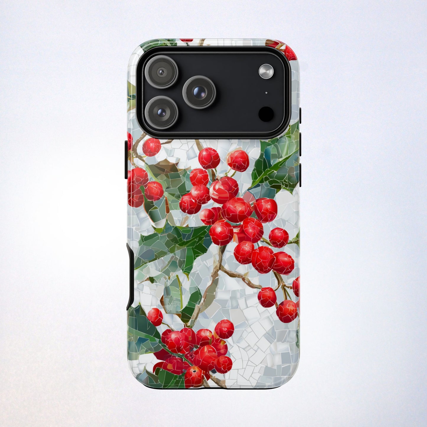 Holly Berry Phone Case, Christmas Mosaic Design, Winter Botanical Cover for iPhone Samsung Pixel