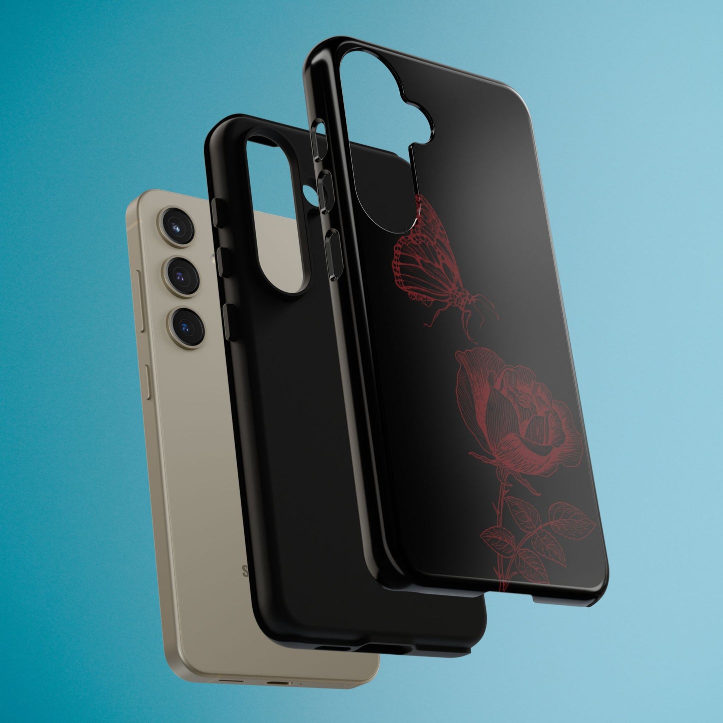 Black Rose and Butterfly Phone Case - Dark Academia Aesthetic Gothic iPhone, Galaxy and Pixel Cover