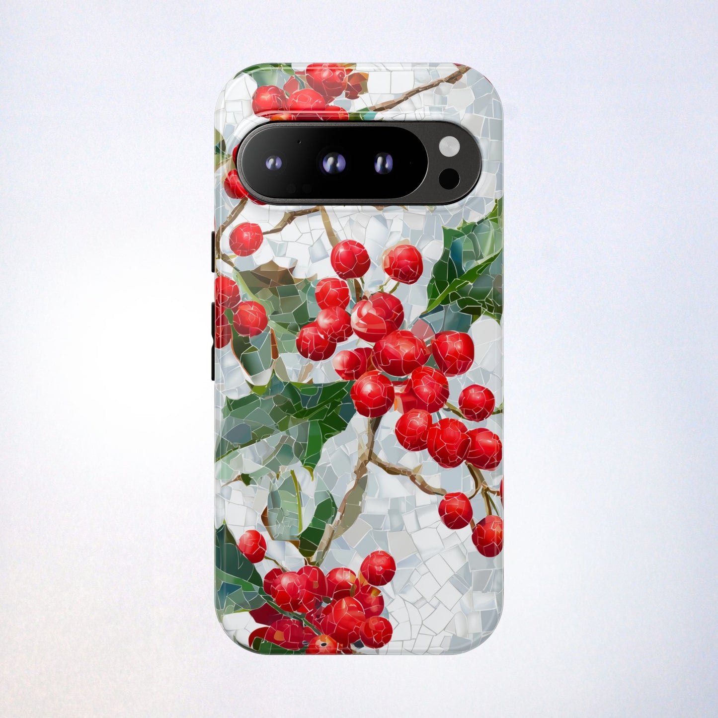 Holly Berry Phone Case, Christmas Mosaic Design, Winter Botanical Cover for iPhone Samsung Pixel
