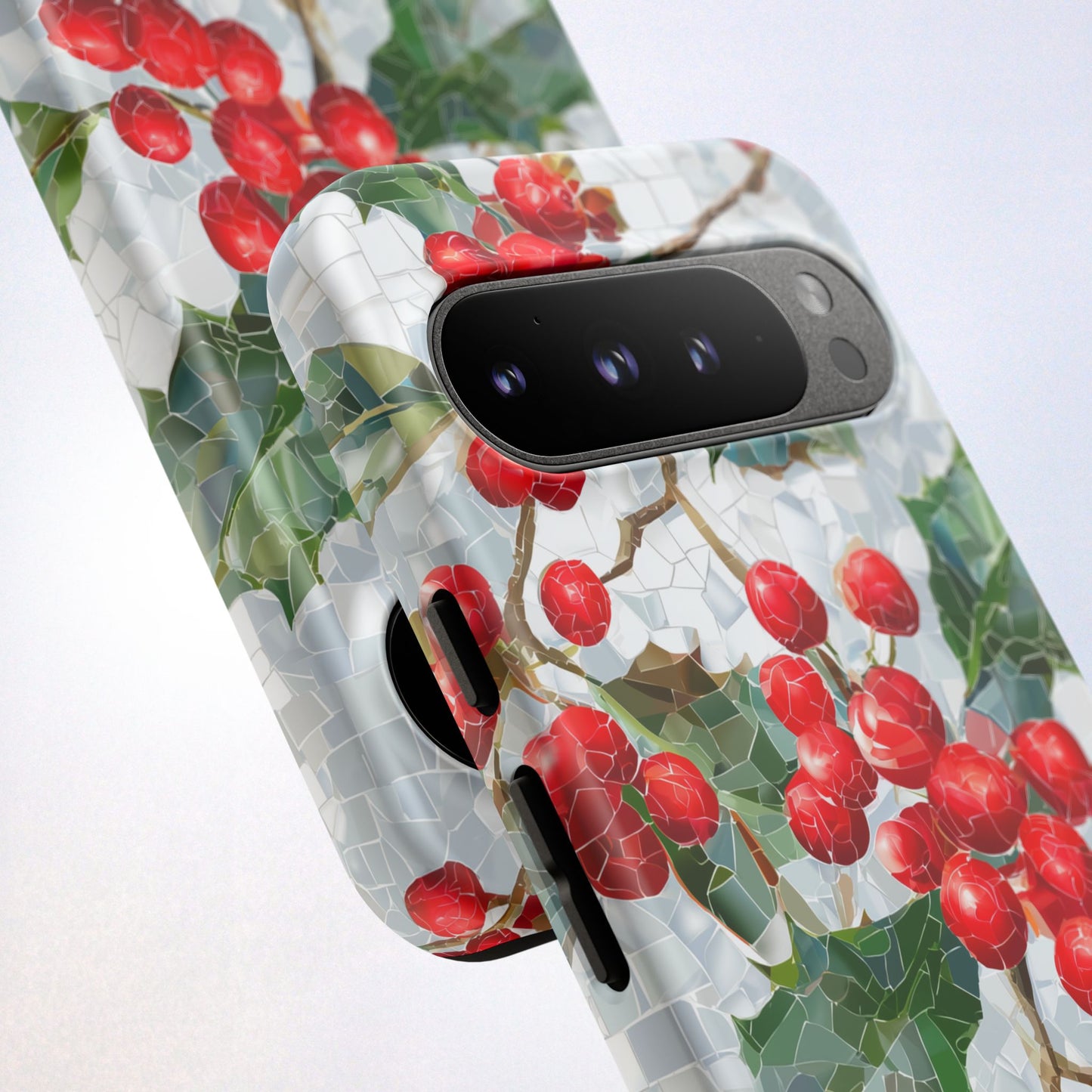 Holly Berry Phone Case, Christmas Mosaic Design, Winter Botanical Cover for iPhone Samsung Pixel
