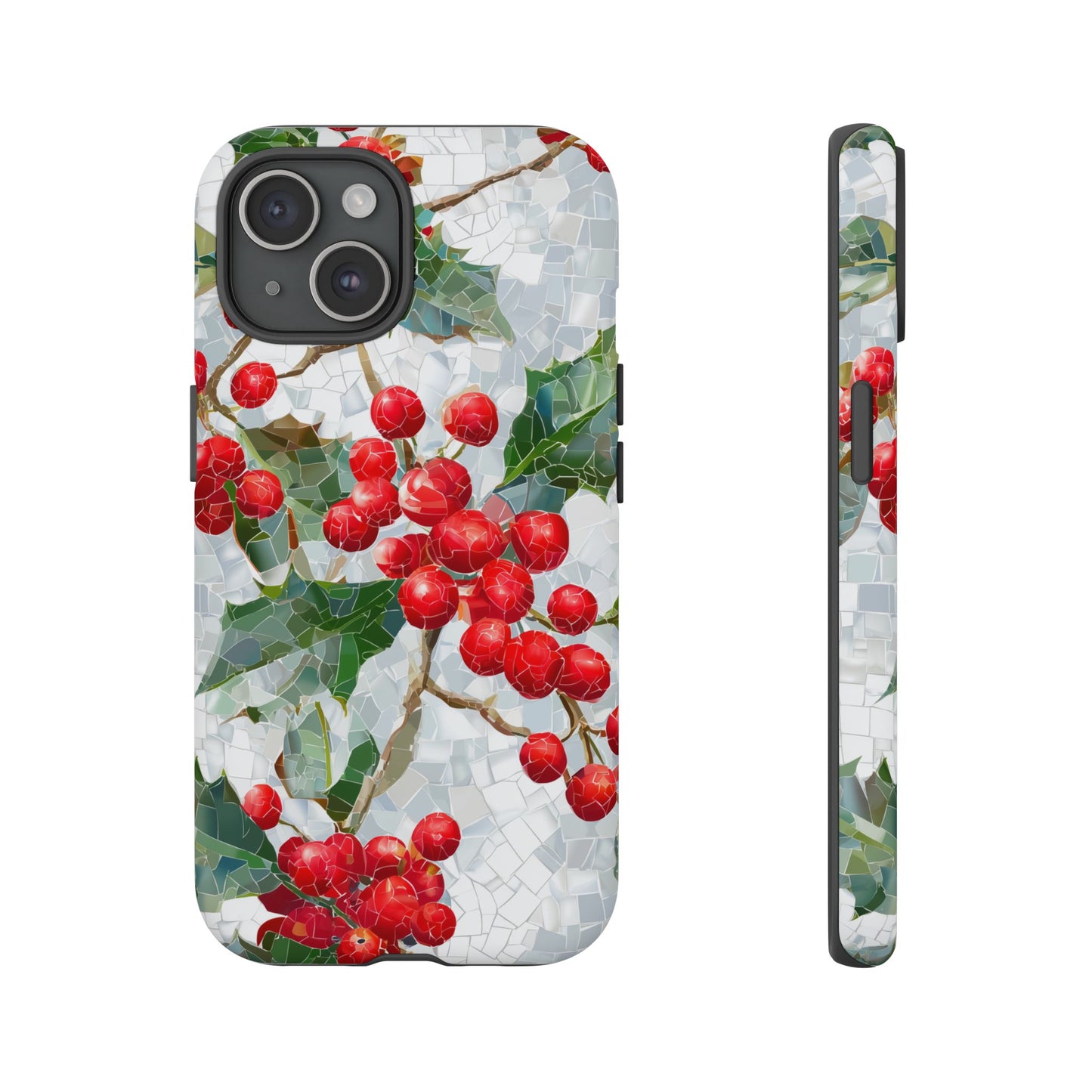 Holly Berry Phone Case, Christmas Mosaic Design, Winter Botanical Cover for iPhone Samsung Pixel
