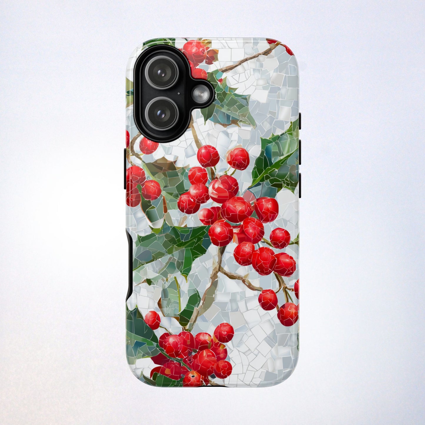 Holly Berry Phone Case, Christmas Mosaic Design, Winter Botanical Cover for iPhone Samsung Pixel