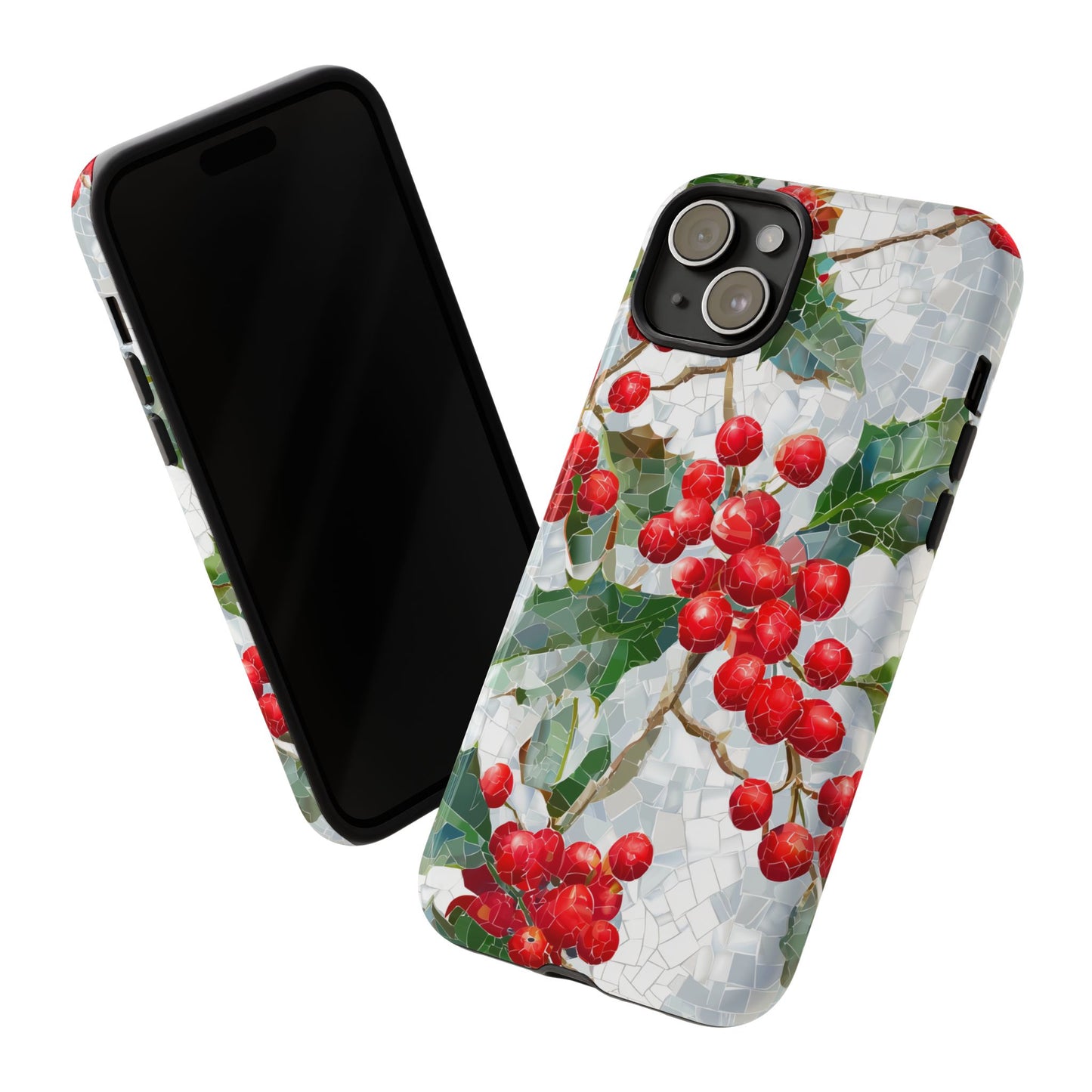 Holly Berry Phone Case, Christmas Mosaic Design, Winter Botanical Cover for iPhone Samsung Pixel