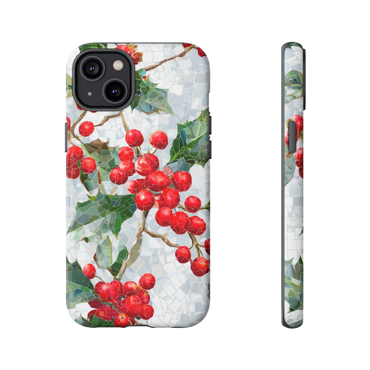 Holly Berry Phone Case, Christmas Mosaic Design, Winter Botanical Cover for iPhone Samsung Pixel