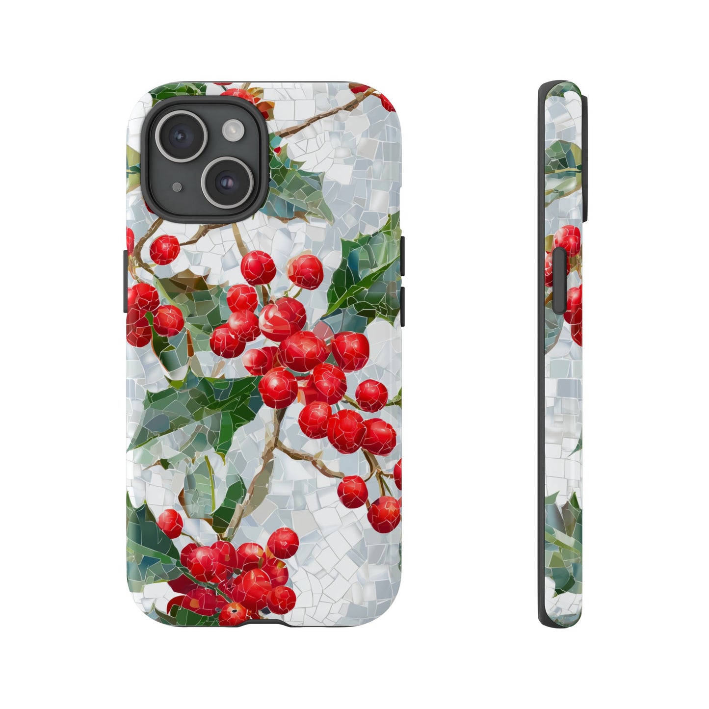 Holly Berry Phone Case, Christmas Mosaic Design, Winter Botanical Cover for iPhone Samsung Pixel