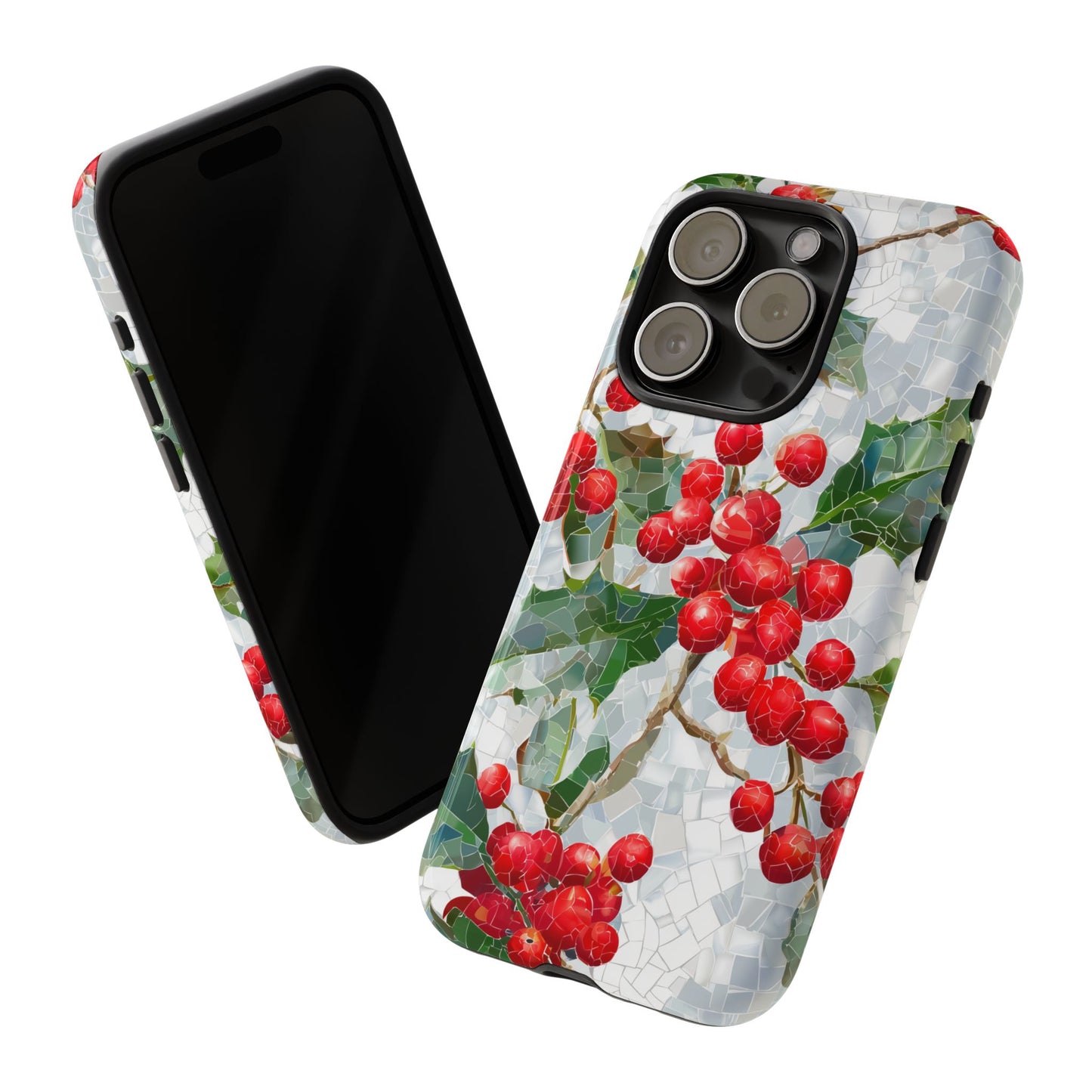 Holly Berry Phone Case, Christmas Mosaic Design, Winter Botanical Cover for iPhone Samsung Pixel