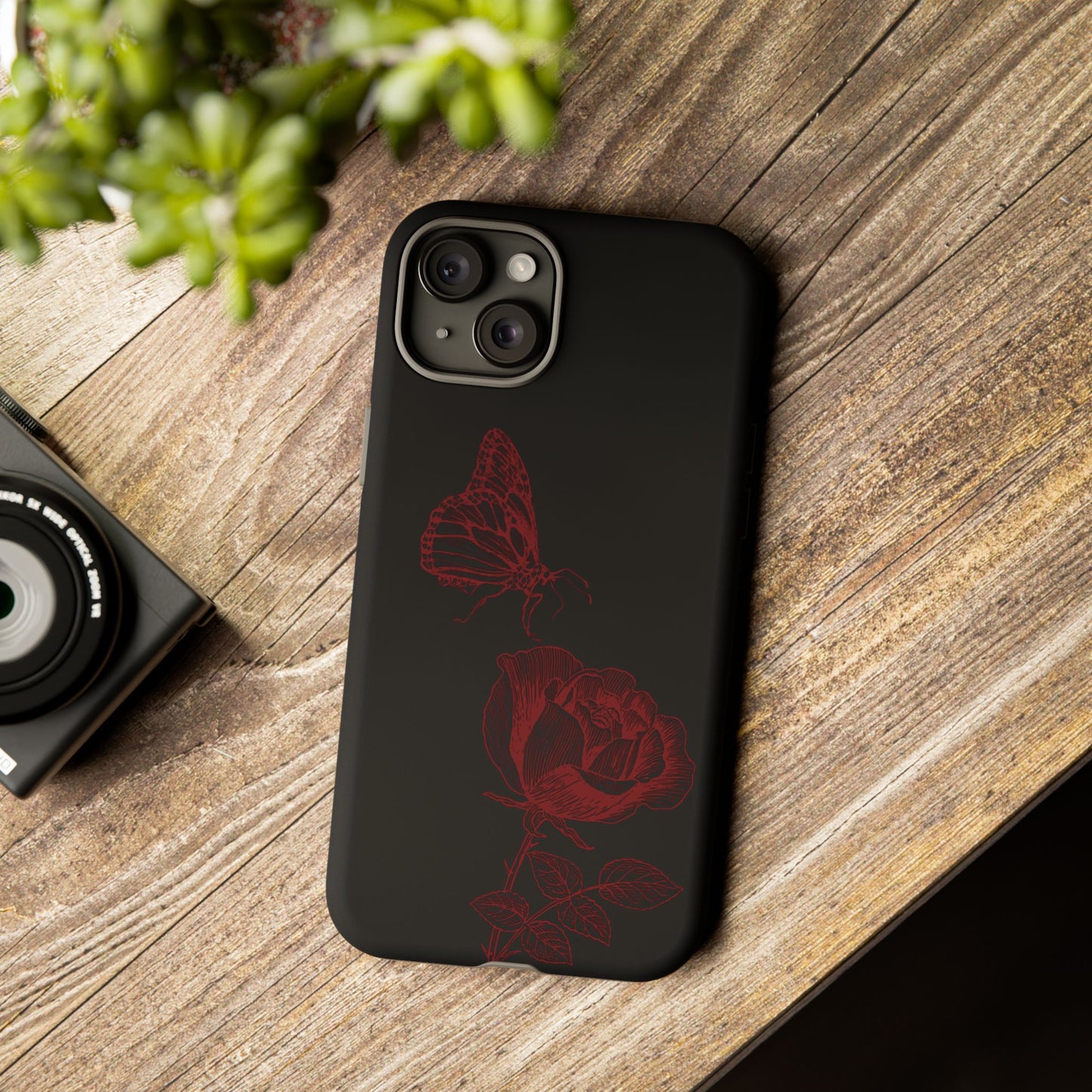 Black Rose and Butterfly Phone Case - Dark Academia Aesthetic Gothic iPhone, Galaxy and Pixel Cover