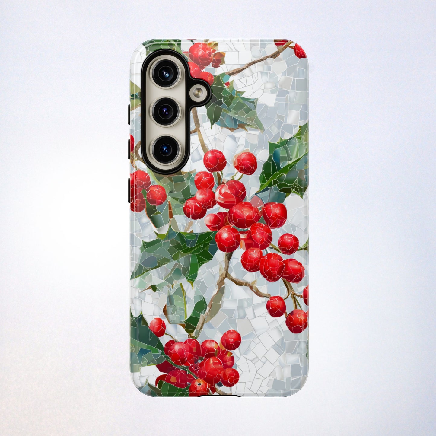 Holly Berry Phone Case, Christmas Mosaic Design, Winter Botanical Cover for iPhone Samsung Pixel