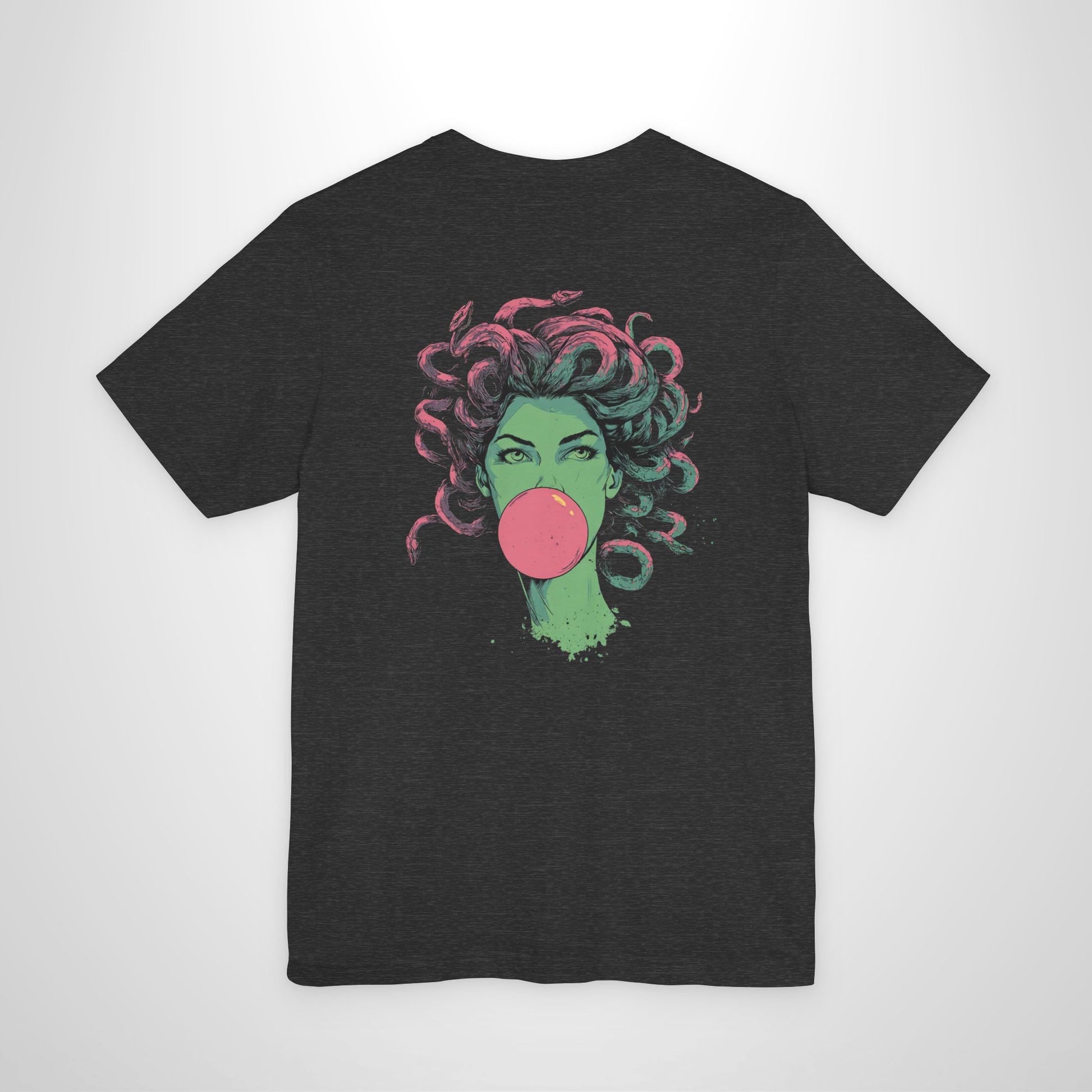 Dark Heather t-shirt with a graphic of a woman with pink hair and a bubble gum bubble on a white background