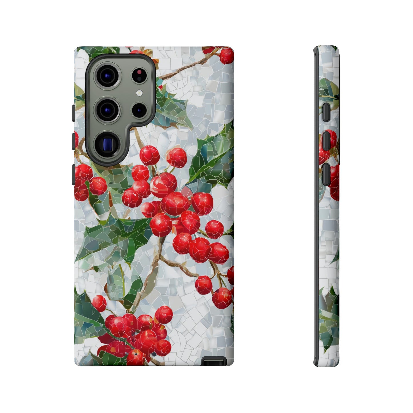 Holly Berry Phone Case, Christmas Mosaic Design, Winter Botanical Cover for iPhone Samsung Pixel